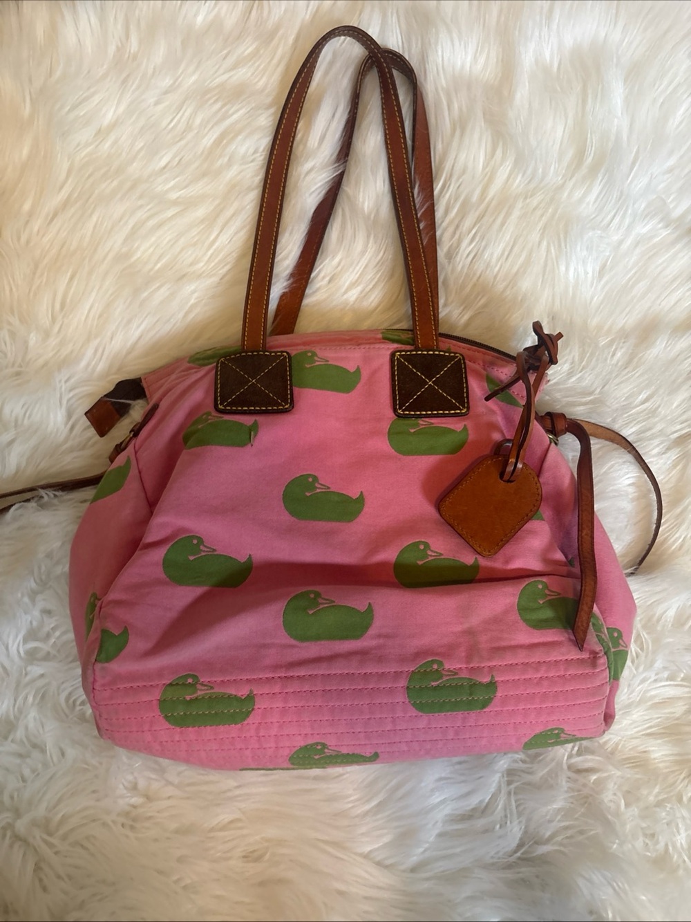 Dooney & Bourke Pink Canvas Tote with Green Duck Motif Brown Leather Trim preppy - Picture 5 of 8